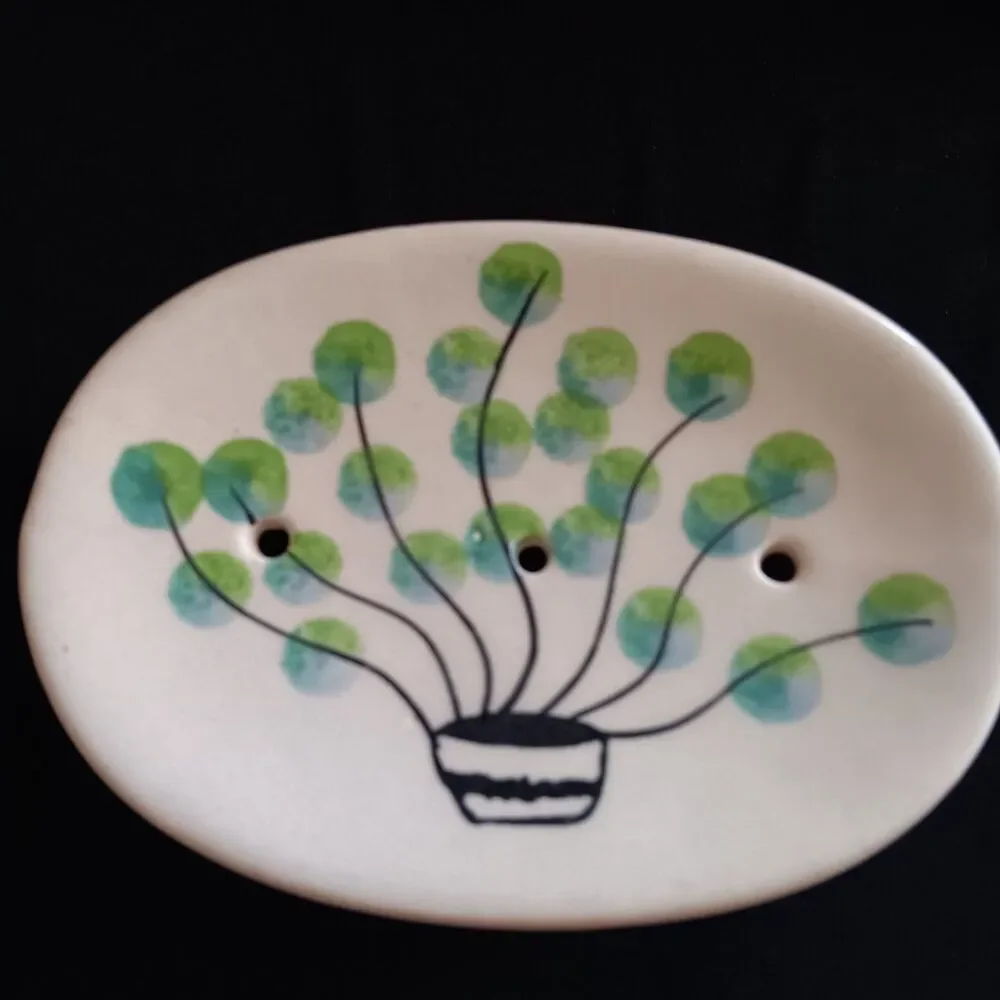 Hand Painted Ceramic Bathroom Set Soap Dish Cup Peacock Flowers